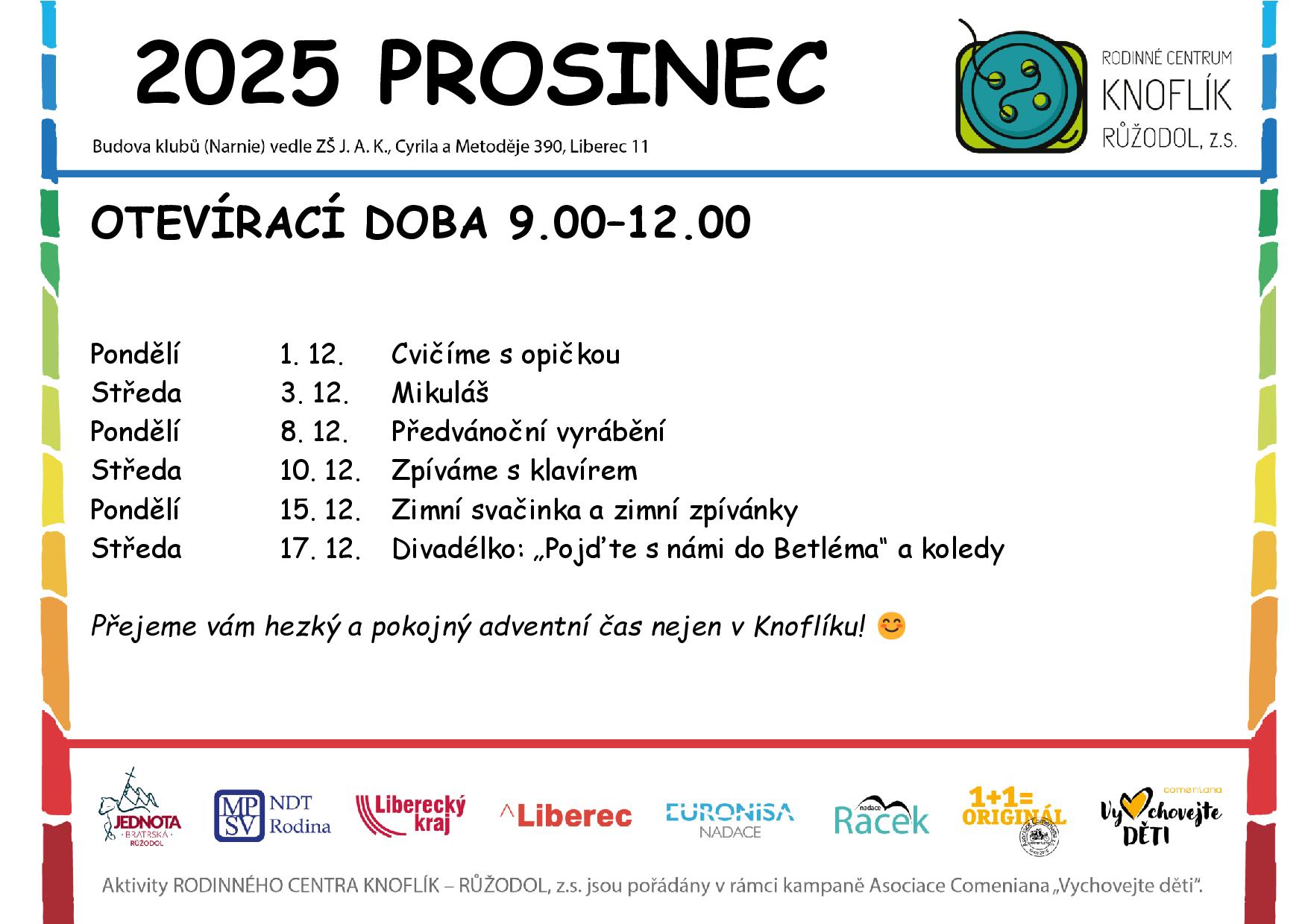 Program dopoledního klubu RC Knoflík Liberec – prosinec 2025