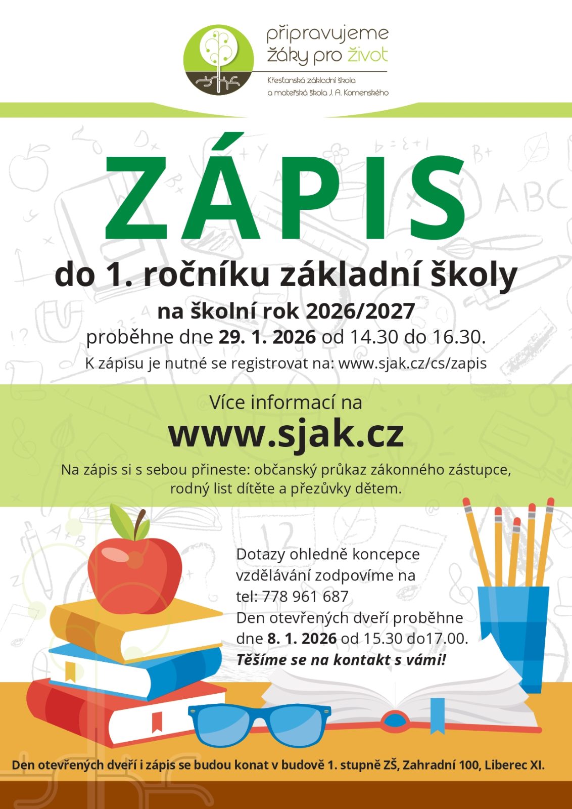 Pozvánka: Zápis do 1. ročníku základní školy – Křesťanská ZŠ J. A. Komenského Liberec, 29. 1. 2026