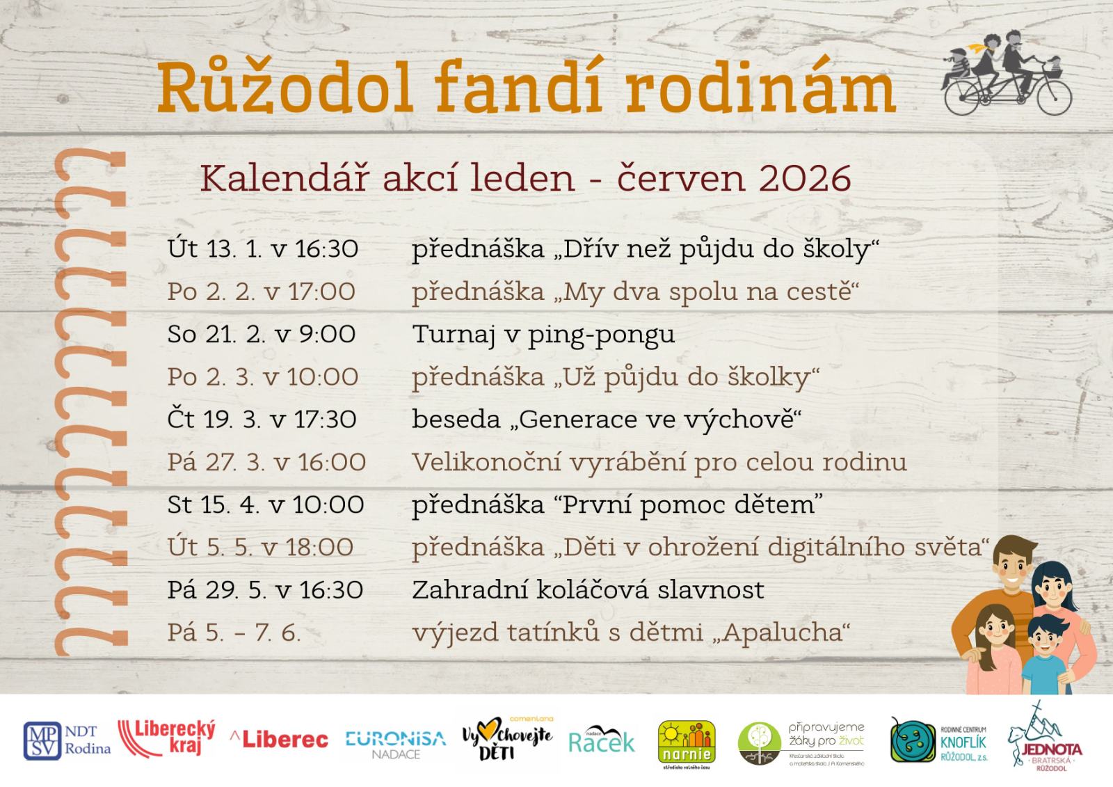 Kalendář akcí Růžodol fandí rodinám – leden až červen 2026, RC Knoflík Liberec