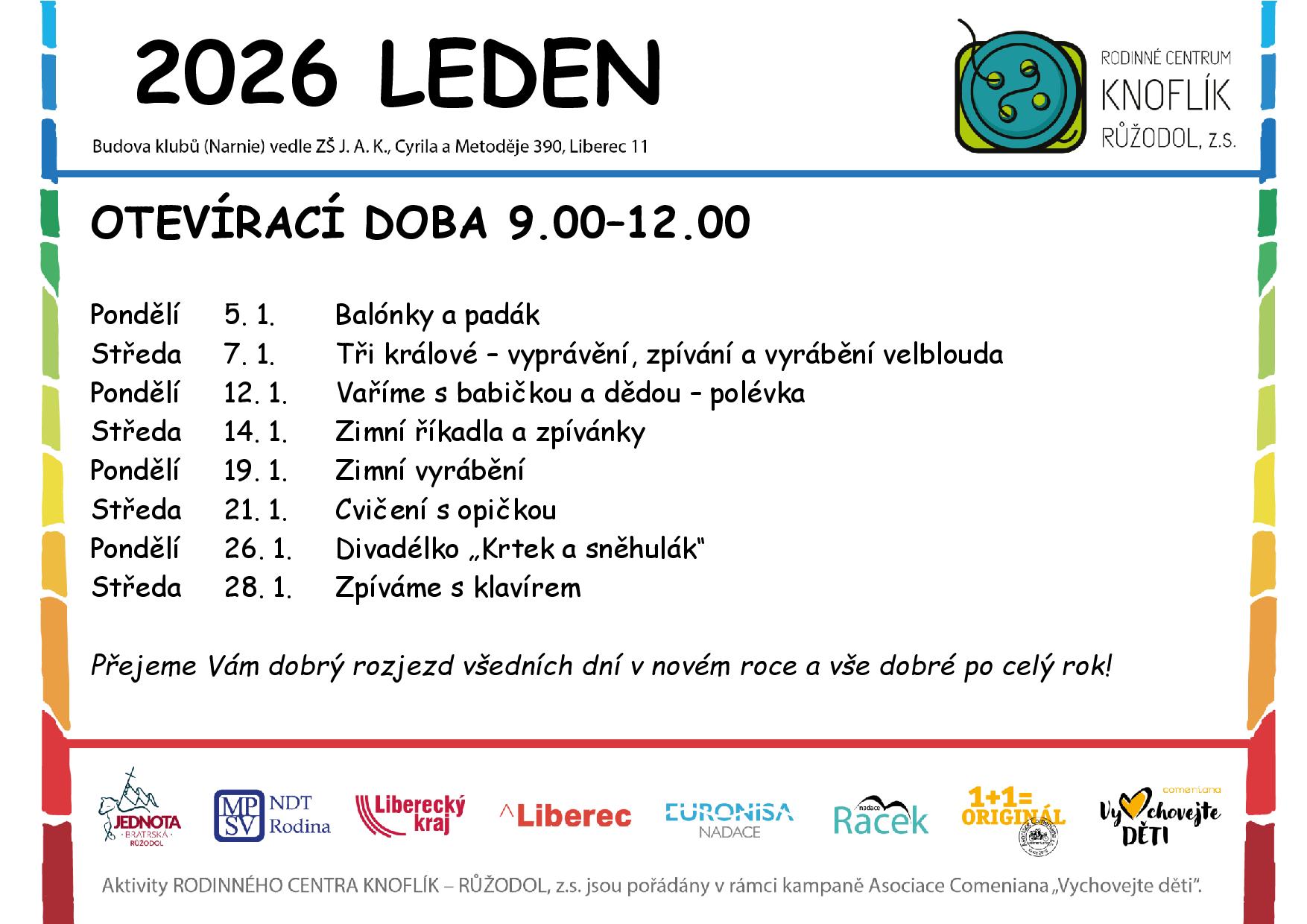 Program dopoledního klubu RC Knoflík Liberec – leden 2026