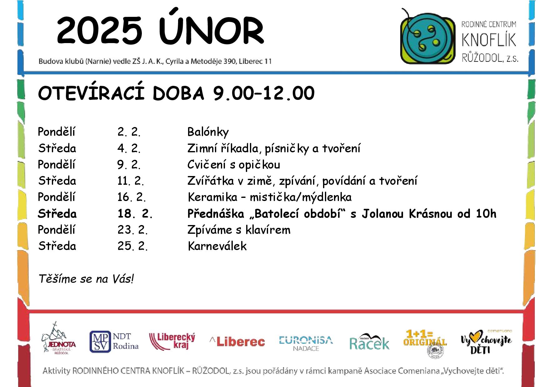 Program dopoledního klubu RC Knoflík Liberec – únor 2026