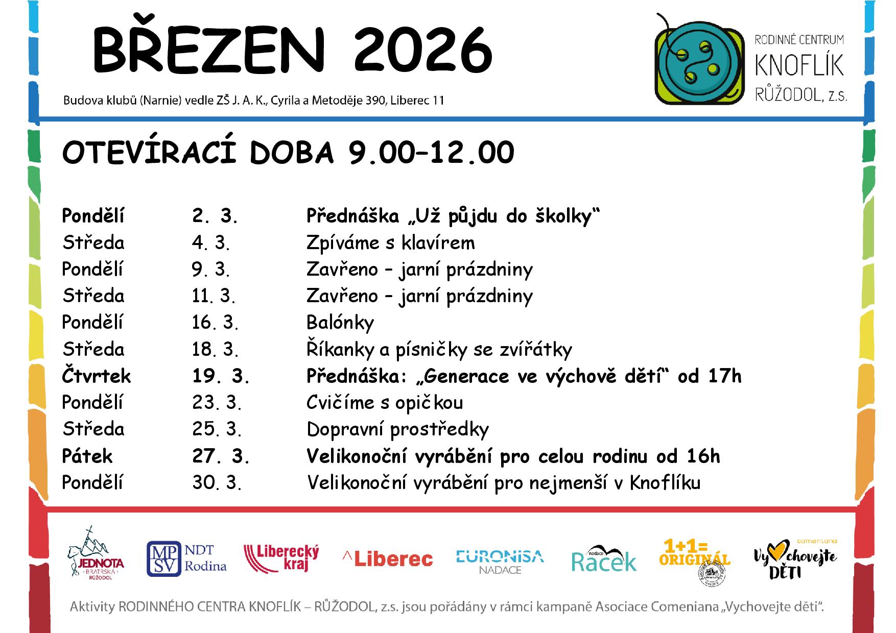 Program dopoledního klubu RC Knoflík Liberec – březen 2026