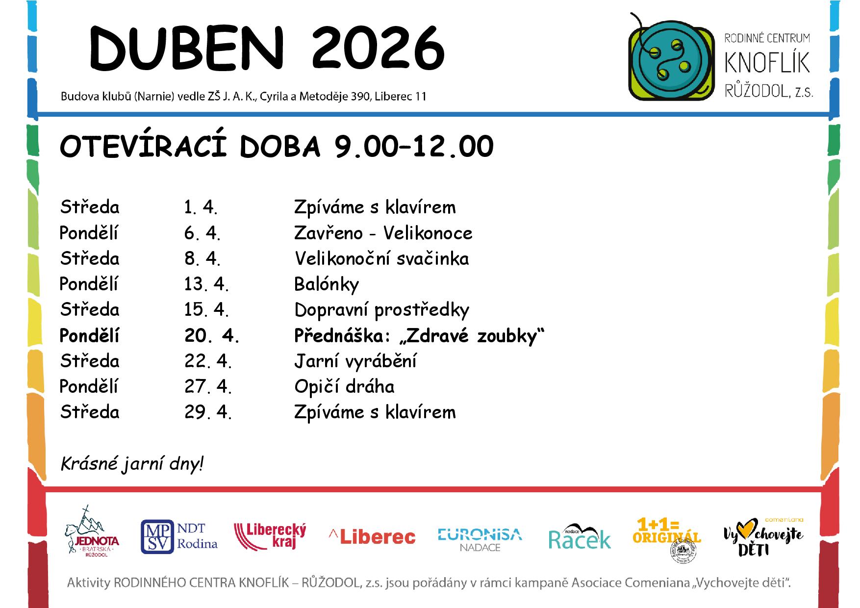 Program dopoledního klubu RC Knoflík Liberec – duben 2026
