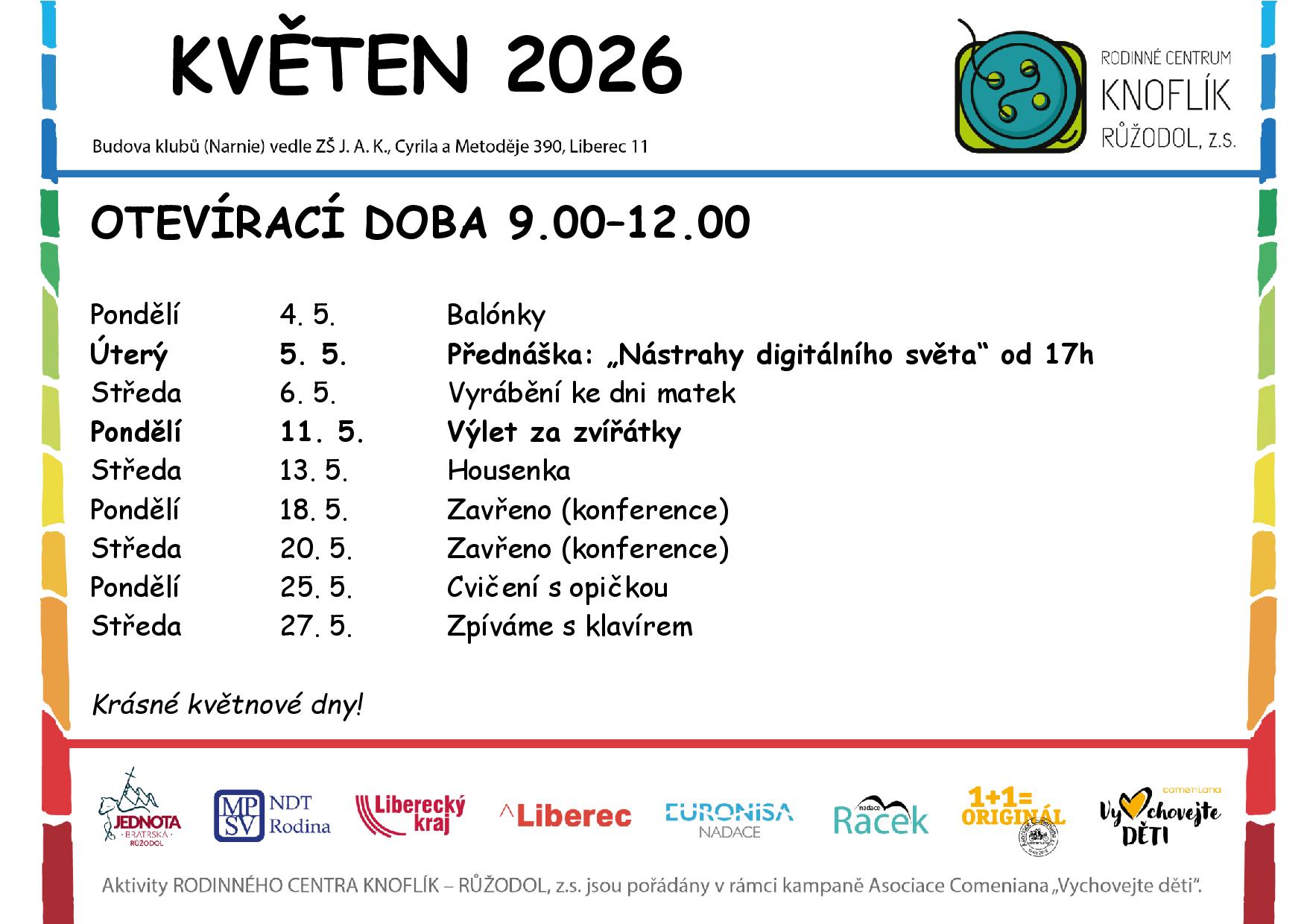 Program dopoledního klubu RC Knoflík Liberec – květen 2026