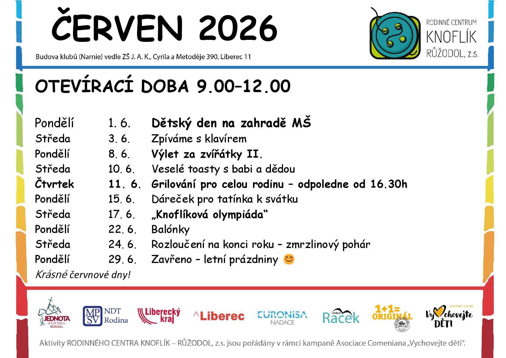 Program dopoledního klubu RC Knoflík Liberec – červen 2026