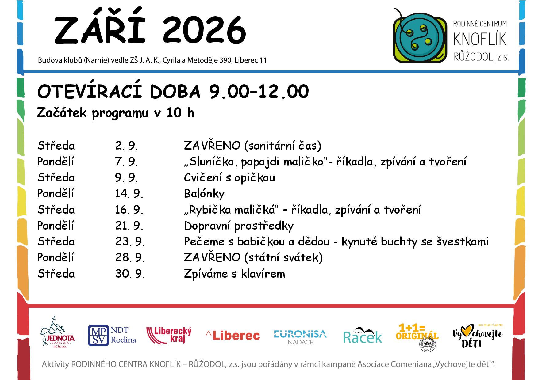 Program dopoledního klubu RC Knoflík Liberec – září 2026
