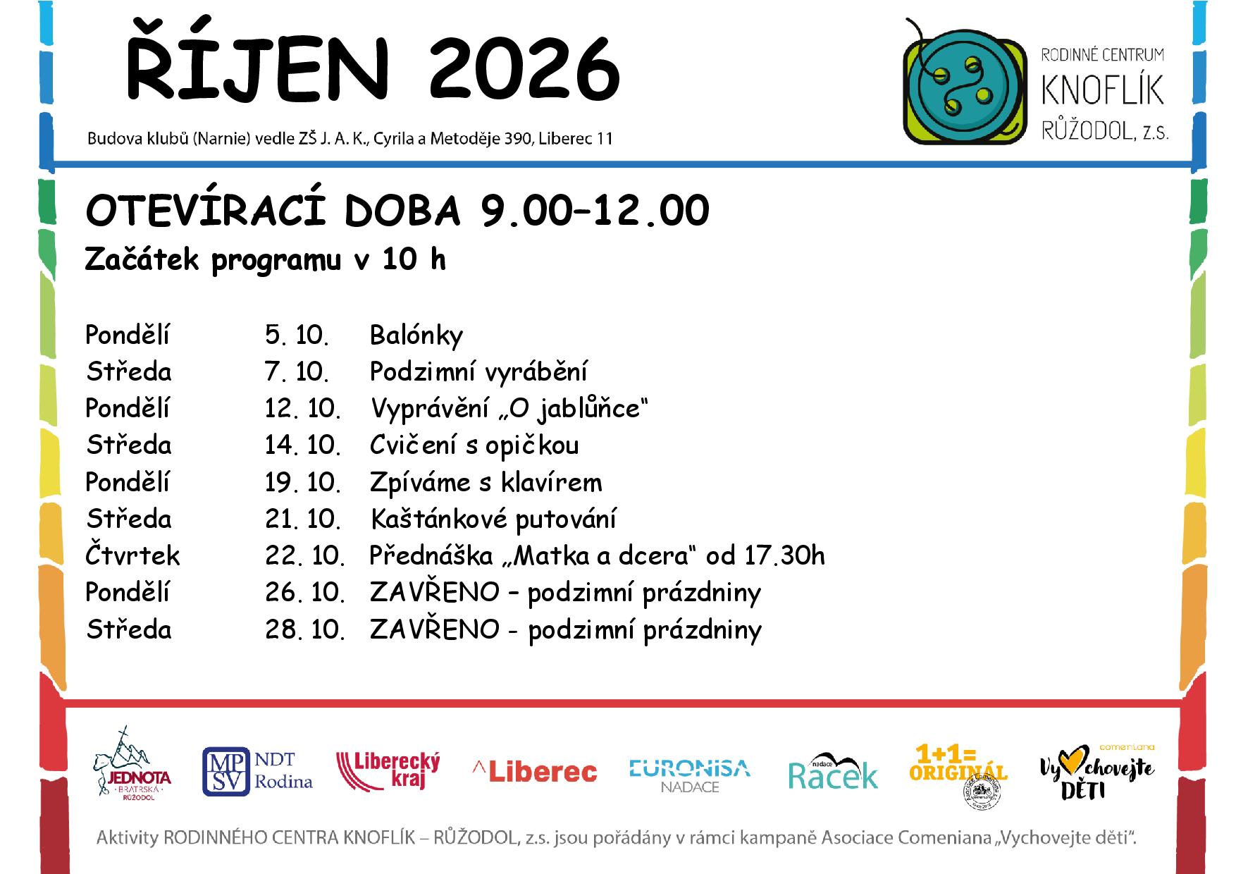 Program dopoledního klubu RC Knoflík Liberec – říjen 2026