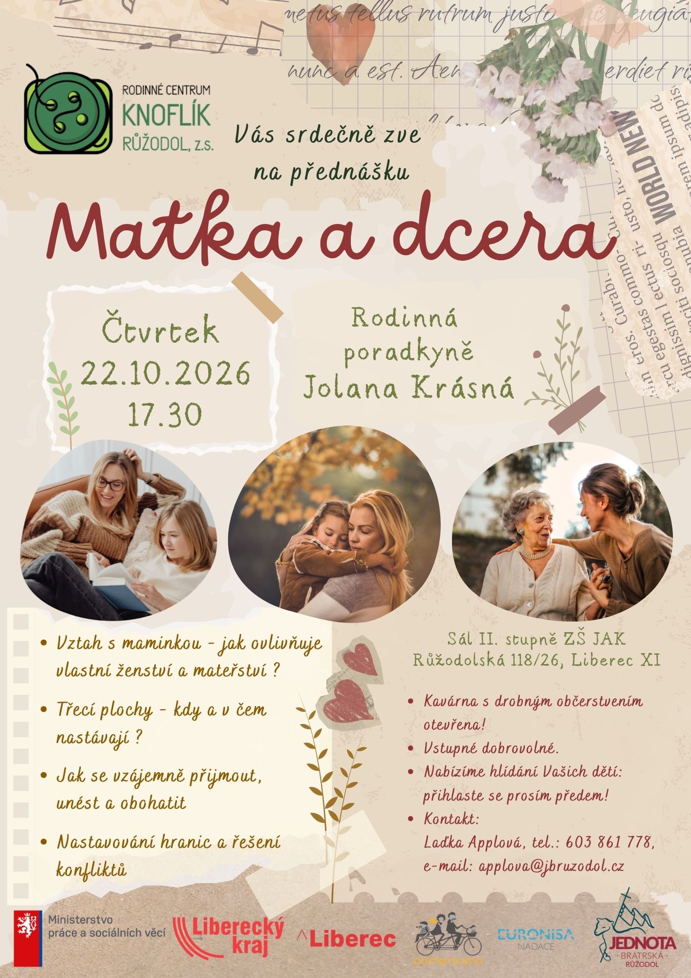 Pozvánka: Přednáška Matka a dcera - 22. 10. 2026